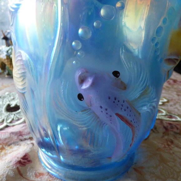 FENTON BLUE OPALESCENT SCALLOPED RIM FISH BOWL VASE PLANTER HANDPAINTED SIGNED - Picture 9 of 14